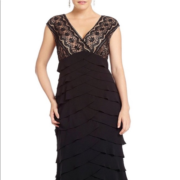 Adrianna Papell Evening Gown Lace Tier Ruffles Black